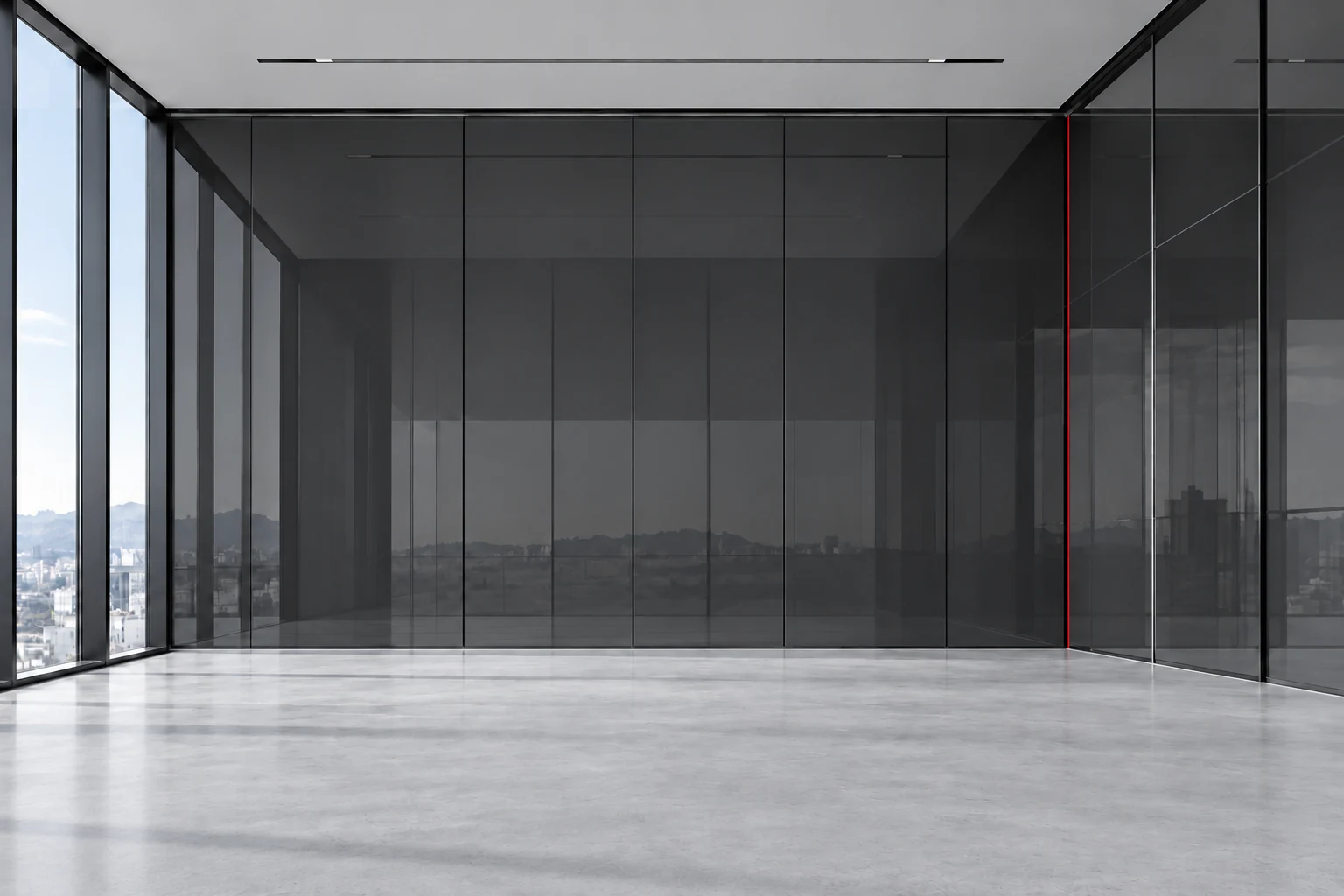 Grafit cam ve açık gri zeminli showroom alanı