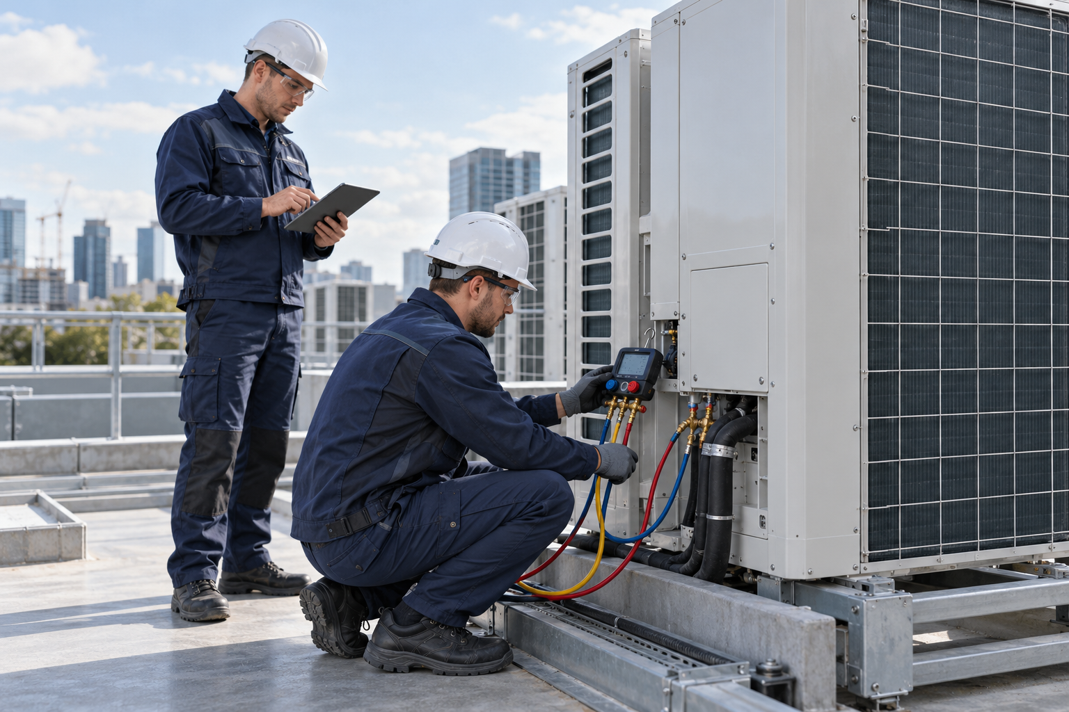 VRF sistemini ölçüm cihazıyla kontrol eden teknisyenler — yapay zekâ ile oluşturulmuş hizmet görseli