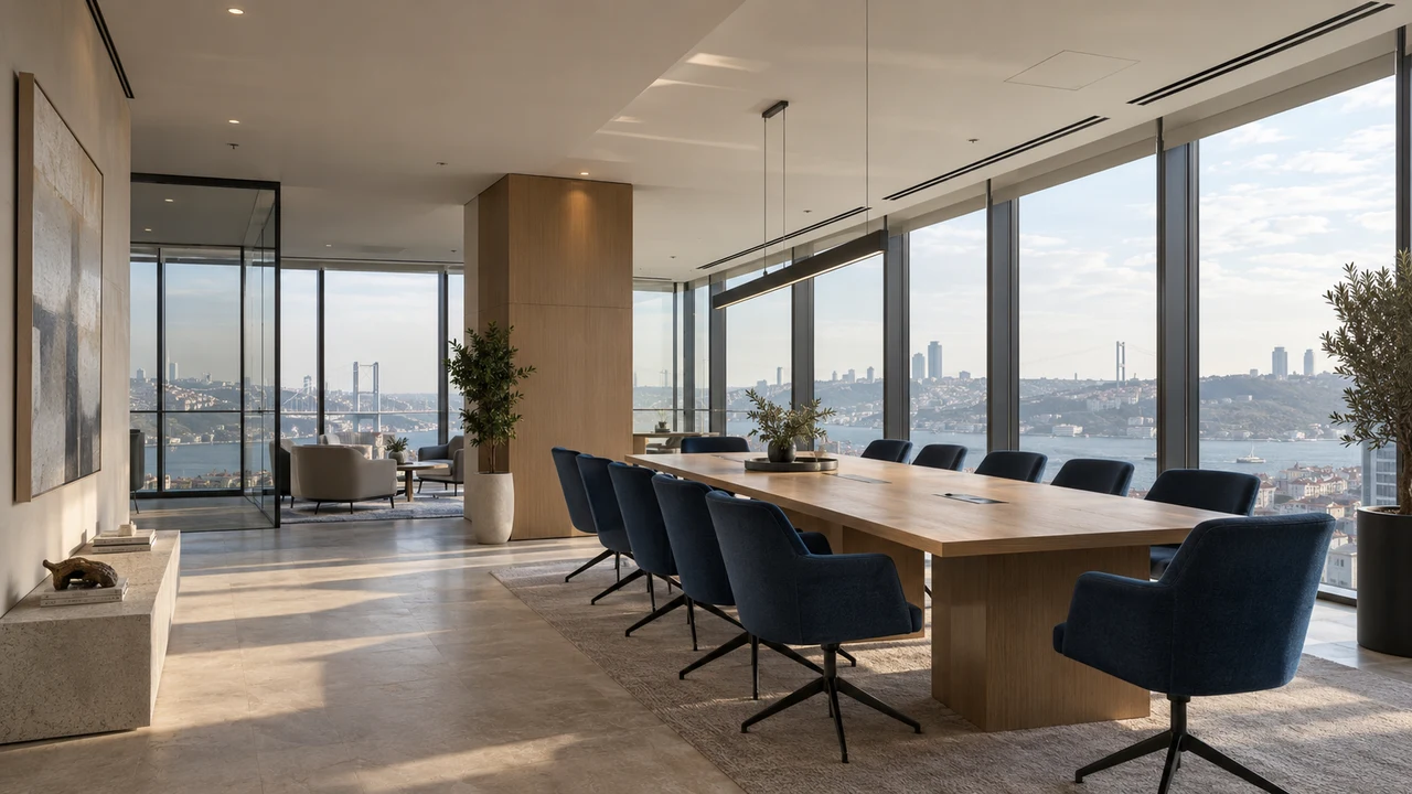 Modern ofis toplantı alanında lineer menfezler, doğal ışık ve tavana entegre bakım erişimi