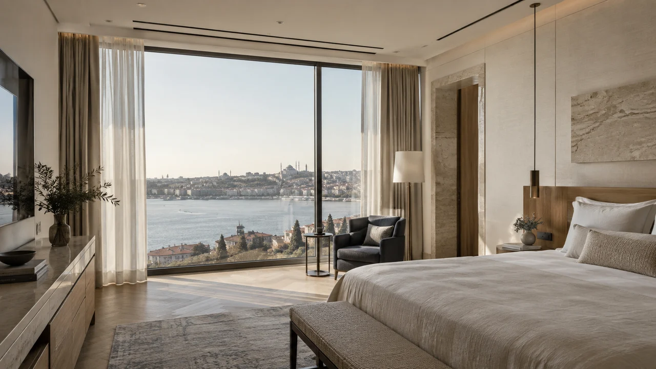 Otel odasında tavana entegre lineer menfez ve doğal ışık