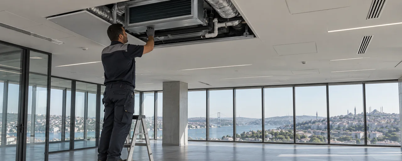 Ofis tavanındaki kanallı iç ünitenin servis erişimi
