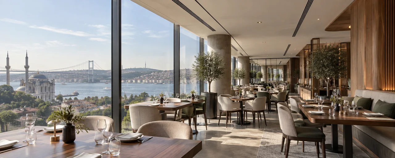 Restoran salonunda lineer menfezlerle düzenlenen hava dağılımı